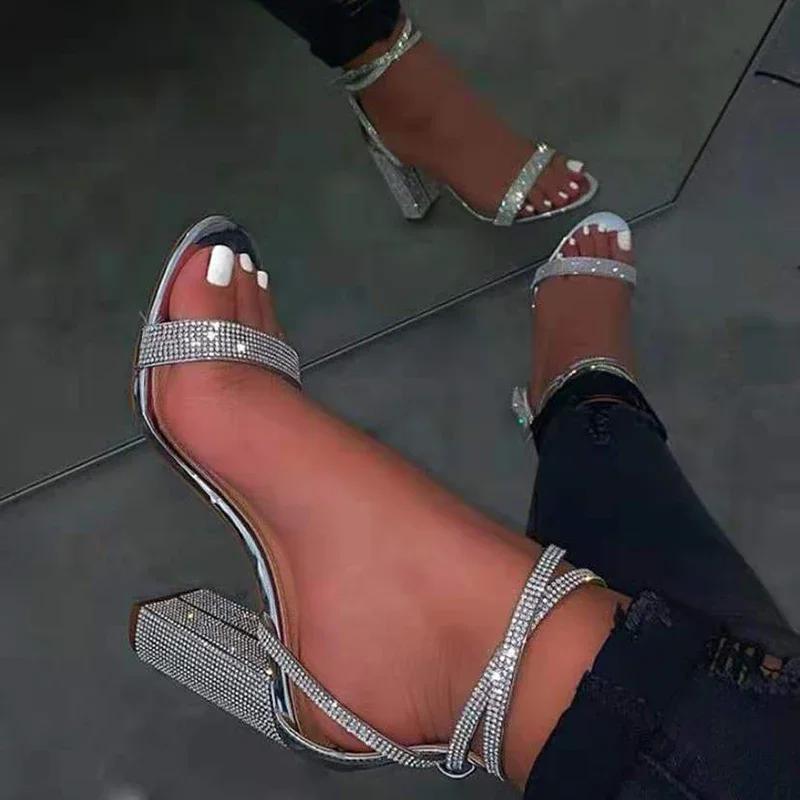 Fashion 2025 New Shiny Gold Rhinestones Chunky Heels Sandals Women Sexy Cross Ankle Strap Silver High Heels Summer Shoes Ladies Pumps
