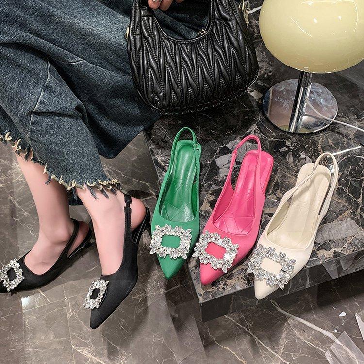 Fashion Elegant Woman Green Heeled Slingbacks Shoes Women Square Rhinestone Buckle Pointed Toe High Heel Kitten Heels Slip-on Pumps