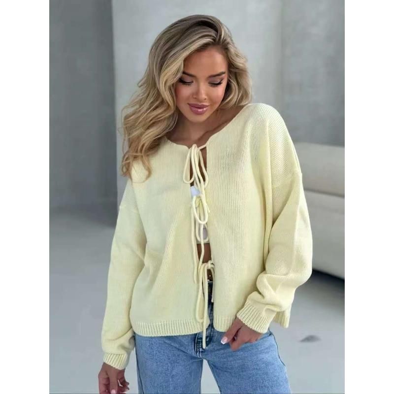 Lace-up Knitted Cardigan Autumn New Loose Round Neck Long-sleeved Sweater Women