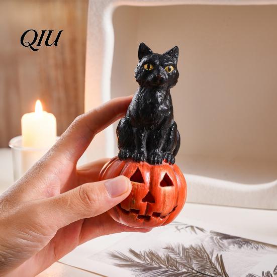Halloween Home Decoration Resin Black Cat Pumpkin Figurine, Desktop Ornament, Cute Durable Ornament Dark Fun Style for Windows Office