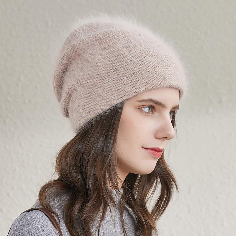 RTS Stock Winter Womens Knit Hats Angola Wool Warm Knitted Beanie Custom Colored Thread Ski Hat Fluffy Skull Hat
