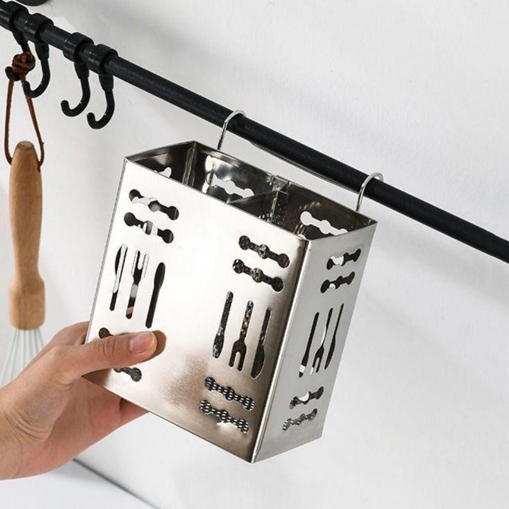 2 Divided Compartments Stainless Steel Chopsticks Rack Wall Mounted Space Saving Chopsticks Storage Basket with Hook Rust-proof