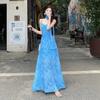 Beautiful holiday style French design in early summer, tie-dye blue suspender dress, women's new summer long dress