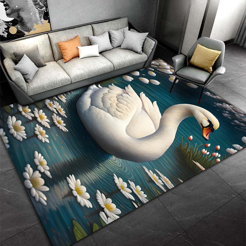 Elegant White Swan and Daisy Pattern Carpet for Living Room Decor Suitable for use as an anti-slip for living room bedroom sofas