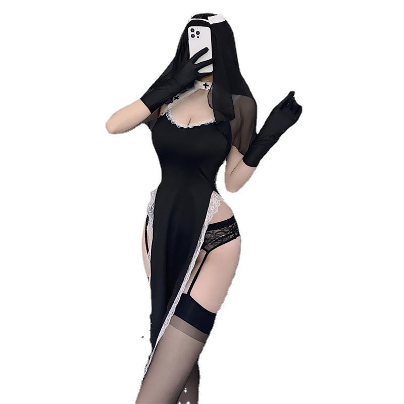 Ungezogene Nonne & Verführerische Magd Kostüm - Rollenspiel Ausschnitt mit Leidenschaftlichem Schlitz