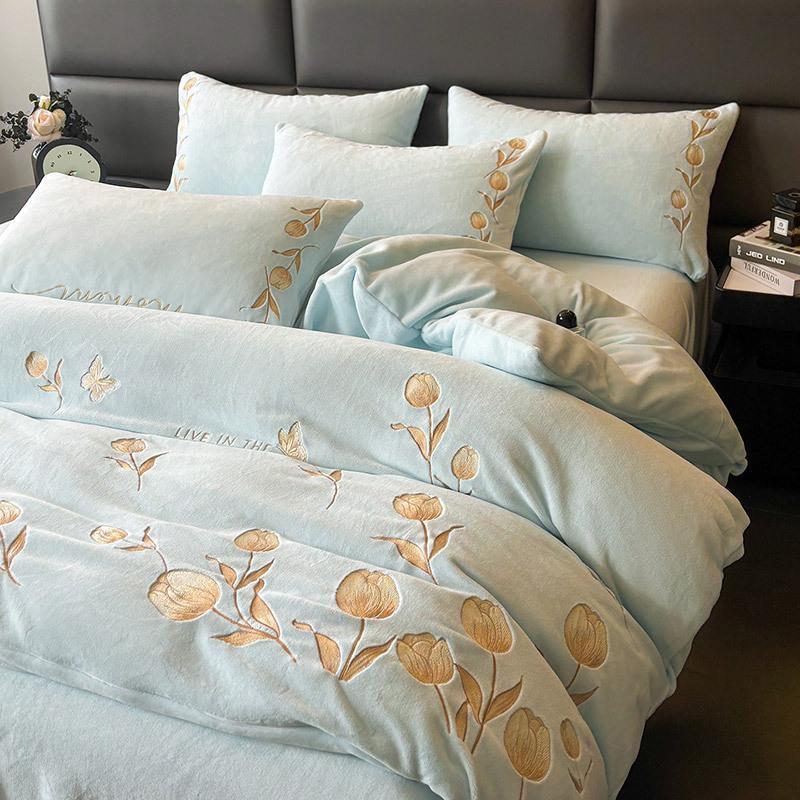 French light luxury milk fleece four-piece set, winter new fleece thickened high gram weight double-sided fleece bed sheet quilt cover kit