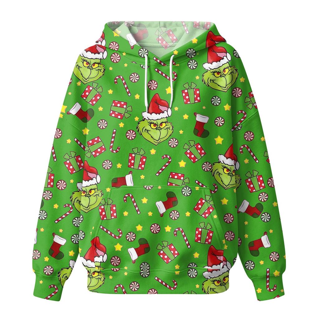 Women's Fashion Casual Christmas Print Hooded Sweatshirt with Pockets