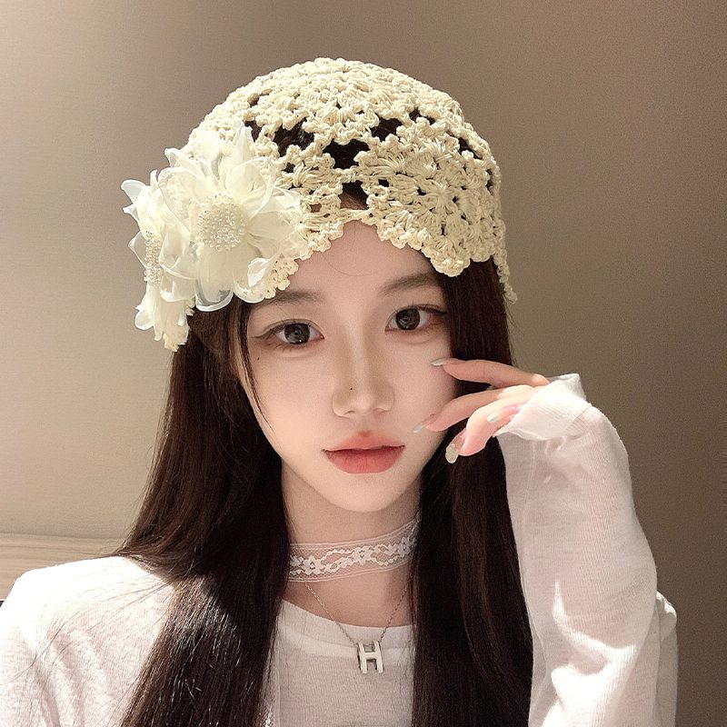 Women's Summer Pearl Flower Lace Hat Handmade Crochet Hollow Versatile Head-Wrapping Slouchy Hat