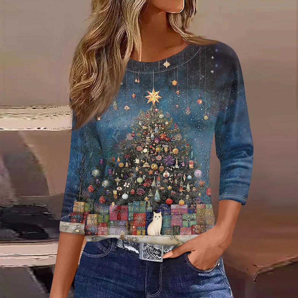Women's Fashionable Casual Three Quarter Sleeve Christmas Printed Round Neck Top