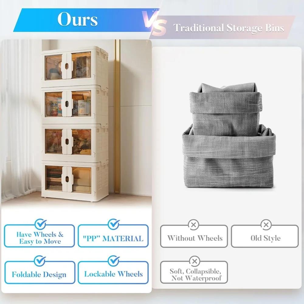 Medium Foldable Plastic Storage Bins Stackable Boxes with Wheels Lids Clear Doors Portable Organizer Home Office Dorm Room