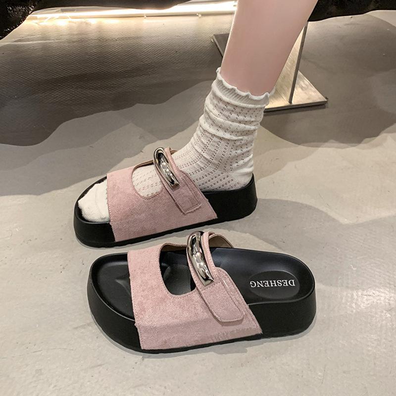 Thick-soled heightening one-word slippers for women to wear spring and summer seaside beach cool slippers