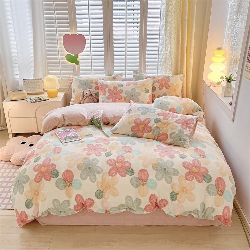 2025 Winter Milk Velvet Bedding Set: Fresh Coral Fleece & Flannel Duvet, Bed Sheet, Pillowcase