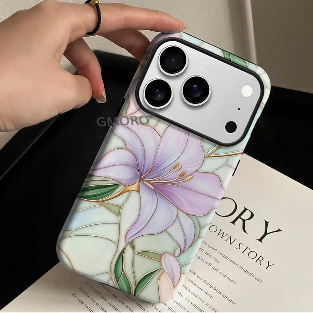New Chinese gold-painted lily illustration mobile phone case iPhone15 bright two-in-one film case Apple 17 anti-drop