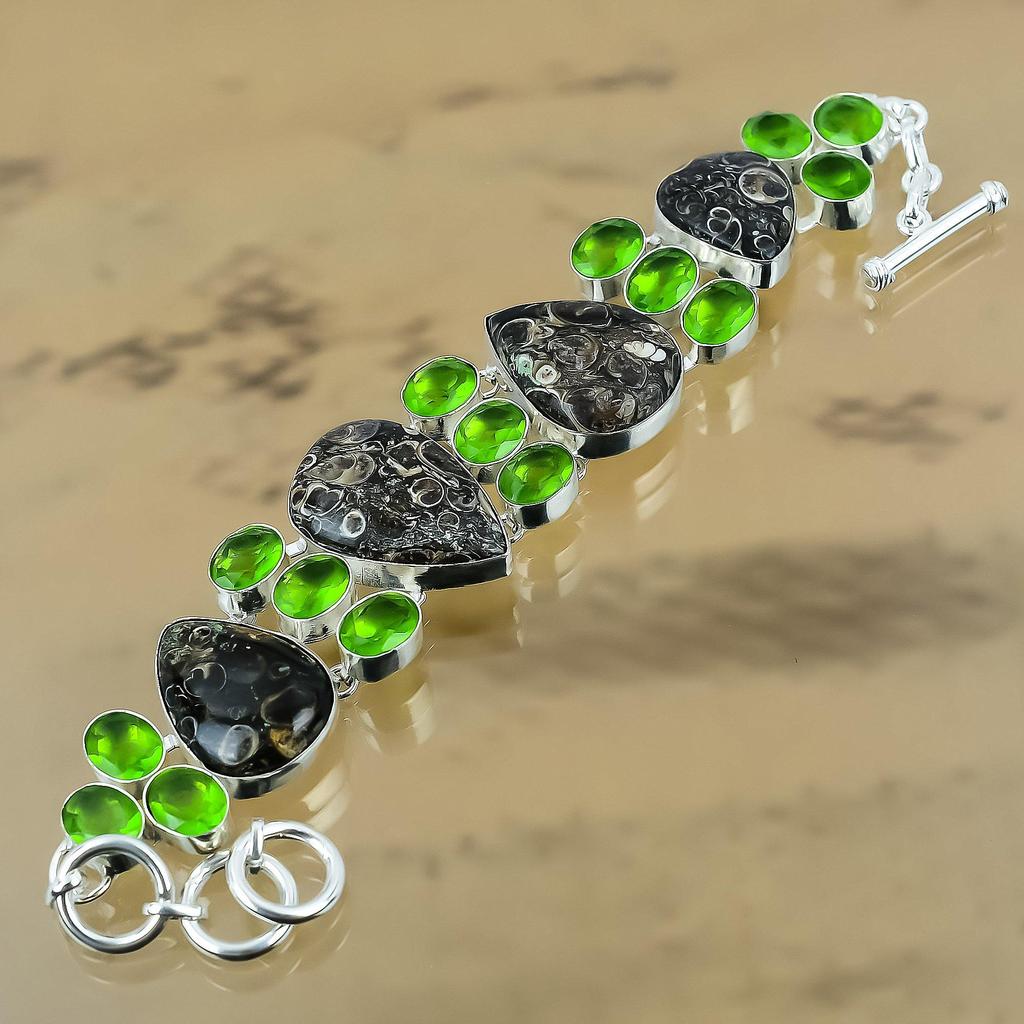 Natural Turritella Agate Gemstone Chain Adjustable Bracelet 925 Silver For Girls