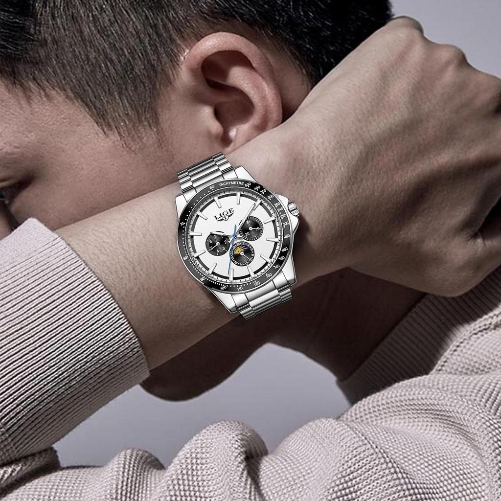 LIGE Unique Dial Quartz Man Watch Stainless Steel Business Luxury Clocks 24-Hour Moon Phase Waterproof Date Week Watches