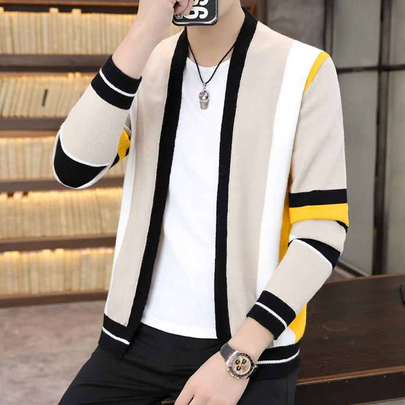 Men s Spring and Autumn Loose Casual Trend Splicing Contrasting Color V-neck Sweater Jacket Men M