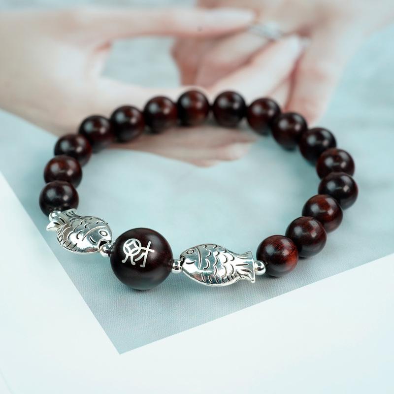 Small-leaf red sandalwood inlaid with silver zodiac three-in-silver six-character proverbs bracelet beaded Taoist bracelet New Chinese ancient style