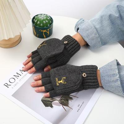 Guanti mezzi dita ribaltabili ricamati invernali antivento caldi in velluto spesso caldo lana lavorata a maglia jacquard coppia