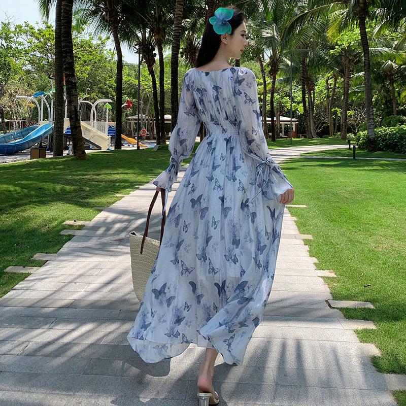 Women's Summer French V-neck Blue Floral Long Sleeve Chiffon Dress
