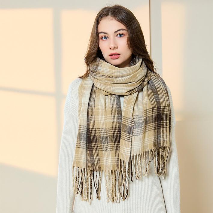 High End Imitation Cashmere Plaid Scarf Versatile and Warm In Winter  Women's Neck Scarf  Fringed Shawl