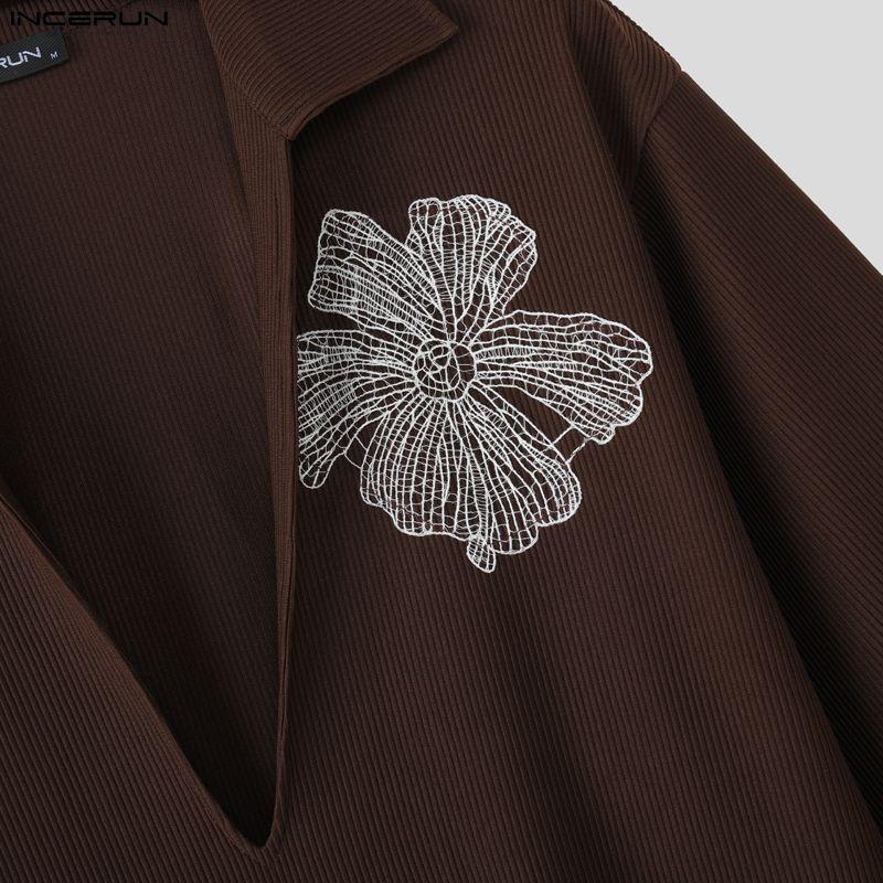 INCERUN Oversized Men 3/4 Sleeve Embroidery Texture Casual Loose T-shirts Tops