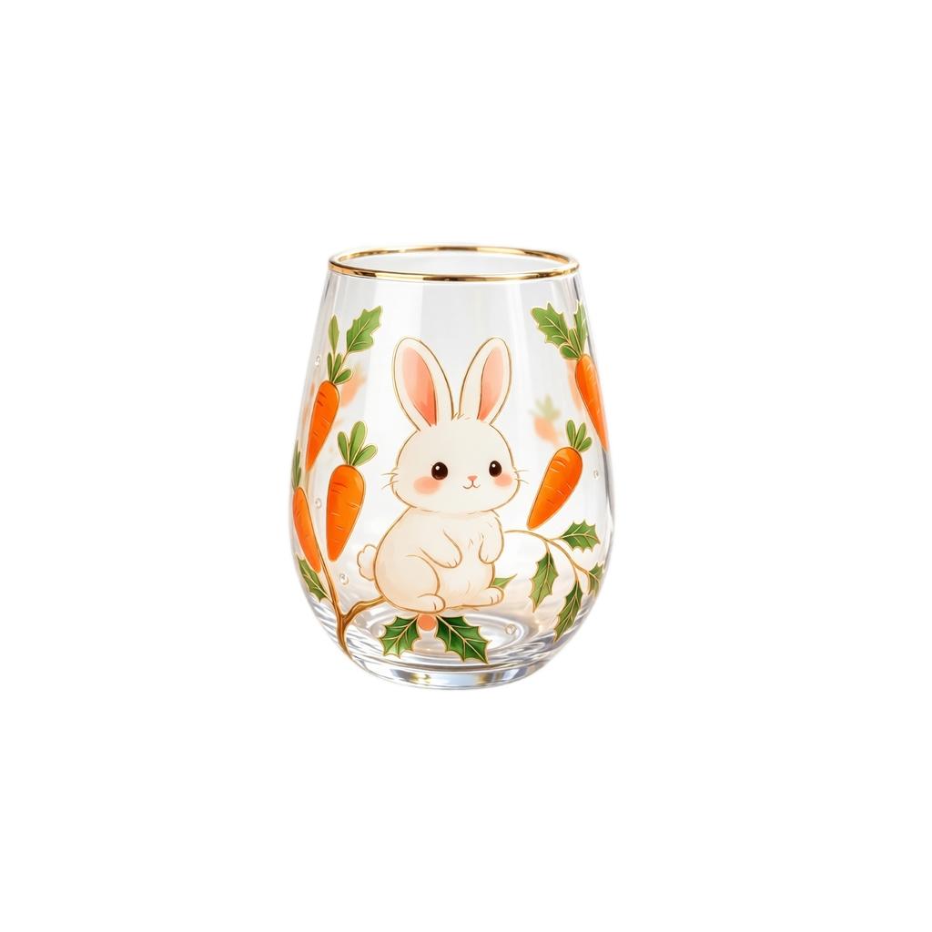 Glass Drinking Cup with Bunny and Carrot Print Stemless Design Suitable for Juice Water and Cold Beverages Durable Household Glassware