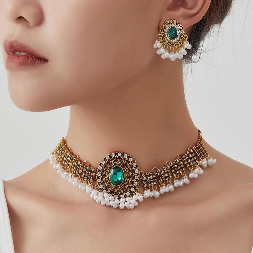 Cross-Border Ethnic Rhinestone Tassel Necklace & Earring Set