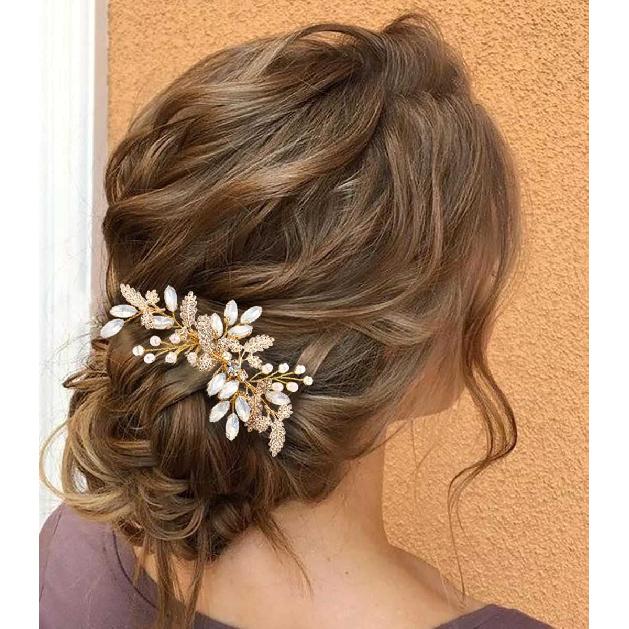 JEAIRTS Leaf Wedding Hair Comb Rhinestone Bridal Headpiece Opal Bridal Crystal Hair Accessories for Women(1-Gold)