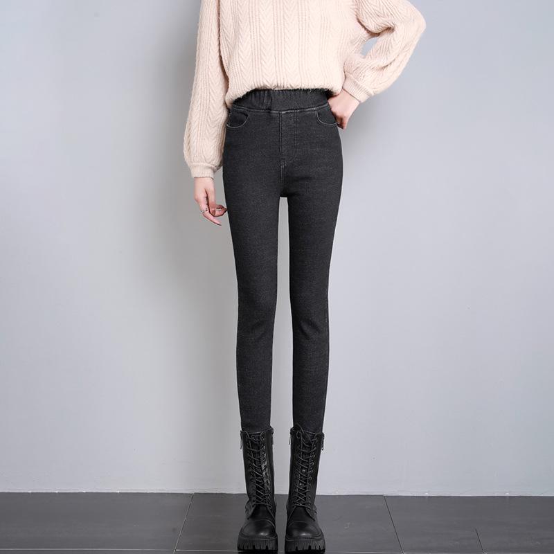 Women's Brushed Denim High-Waist Skinny Pants - Autumn/Winter 2023: Warm, Elastic, Thick Cotton