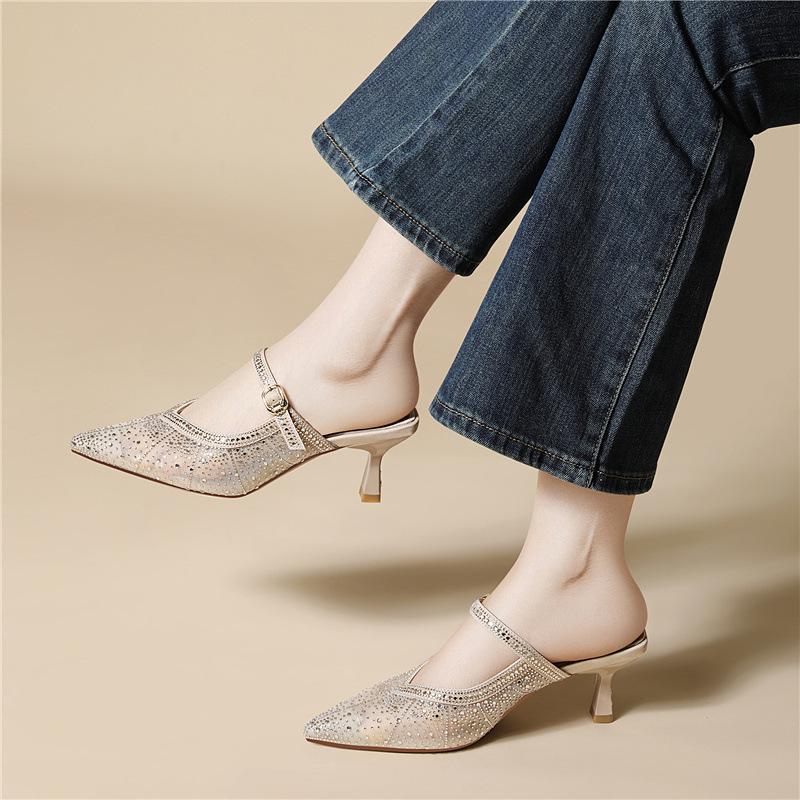 Mary Jane semi-drag sandals breathable mesh casual early spring single shoes light luxury rhinestone pointed stiletto high heels
