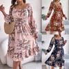 Spring and Summer Elegant Floral Square Neck Long Sleeve Waisted Ruffle A-Line Dresses for Women