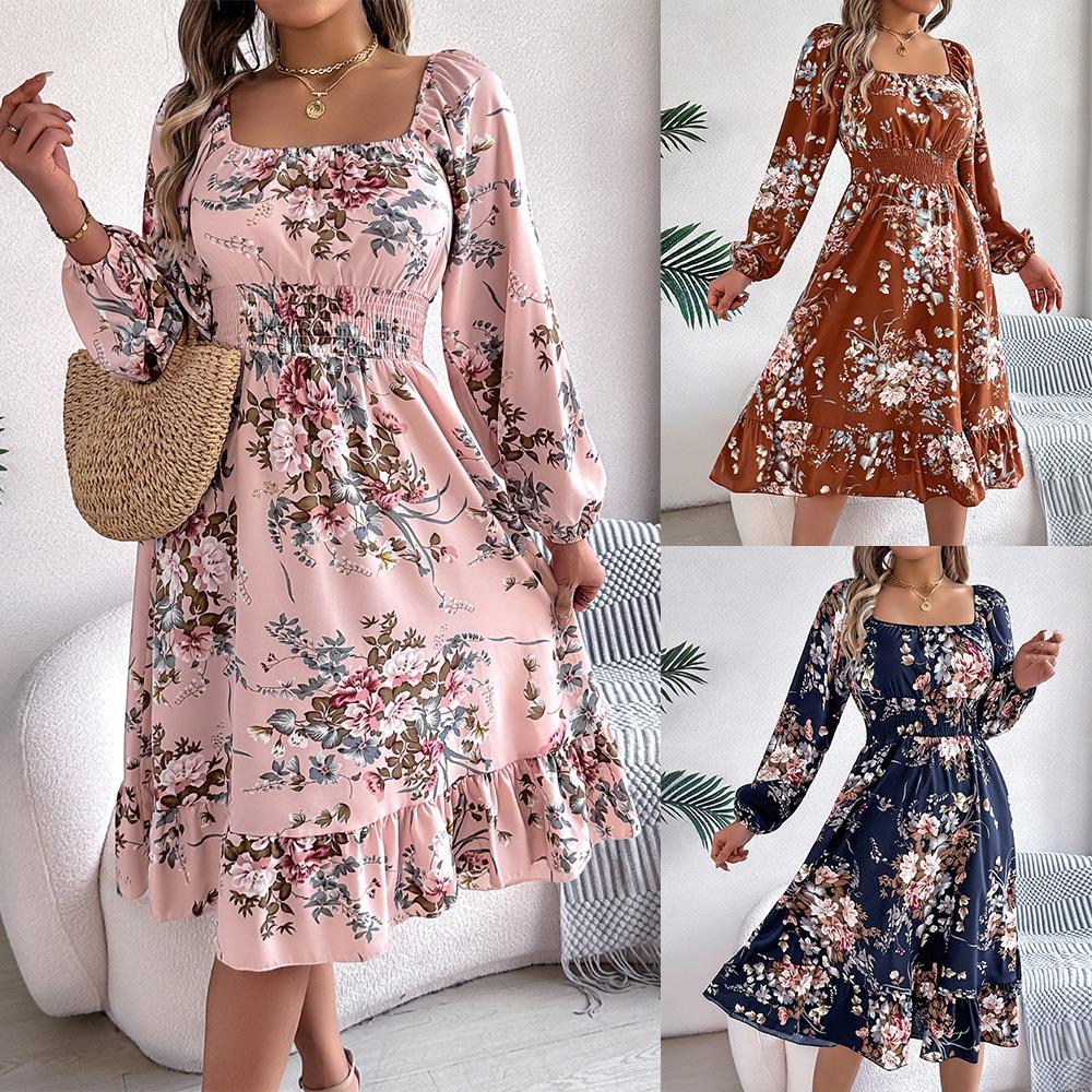 

Spring and Summer Elegant Floral Square Neck Long Sleeve Waisted Ruffle A-Line Dresses for Women S коричневий