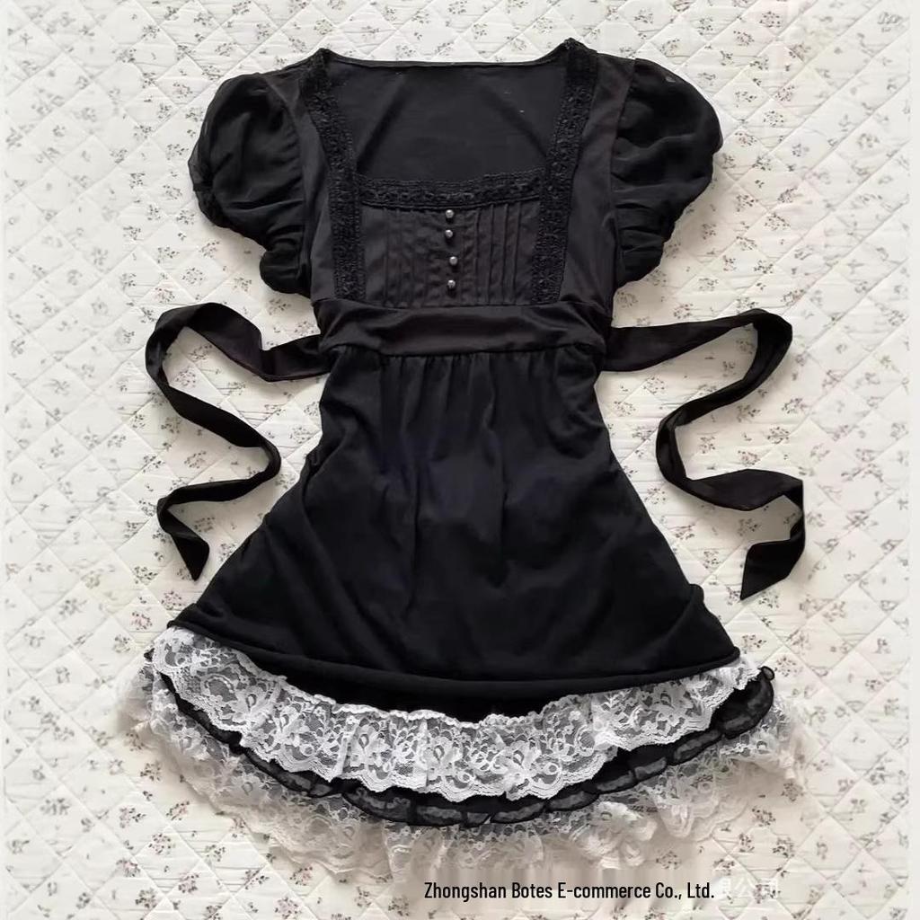 Y2K French Fashion Slimming U-neck Lace Trim Puff Sleeve Women's Top