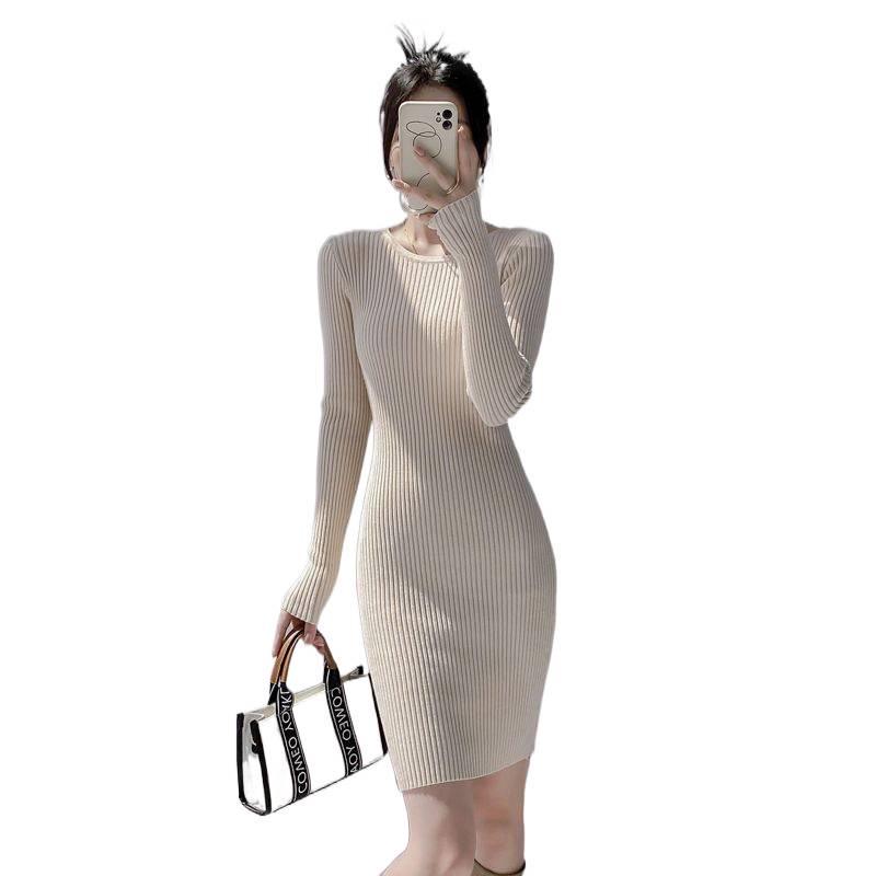 Women's Slim Fit Knitted Sweater Dress - Round Neck, Waist-Cinching, Mid-Length, 2025 Autumn/Winter Collection
