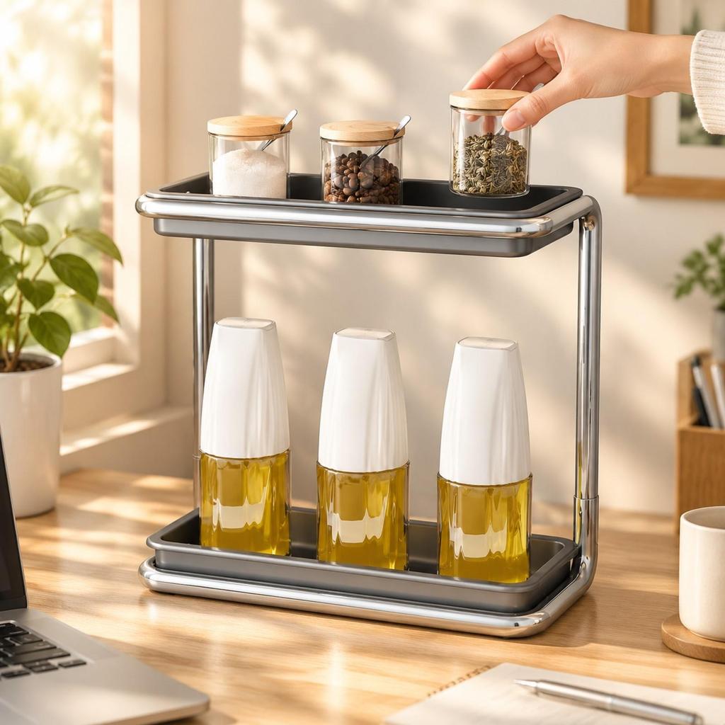TwoTier Countertop Storage Rack SpaceSaving Organizer with Raised Tray Edges Sturdy Tubular