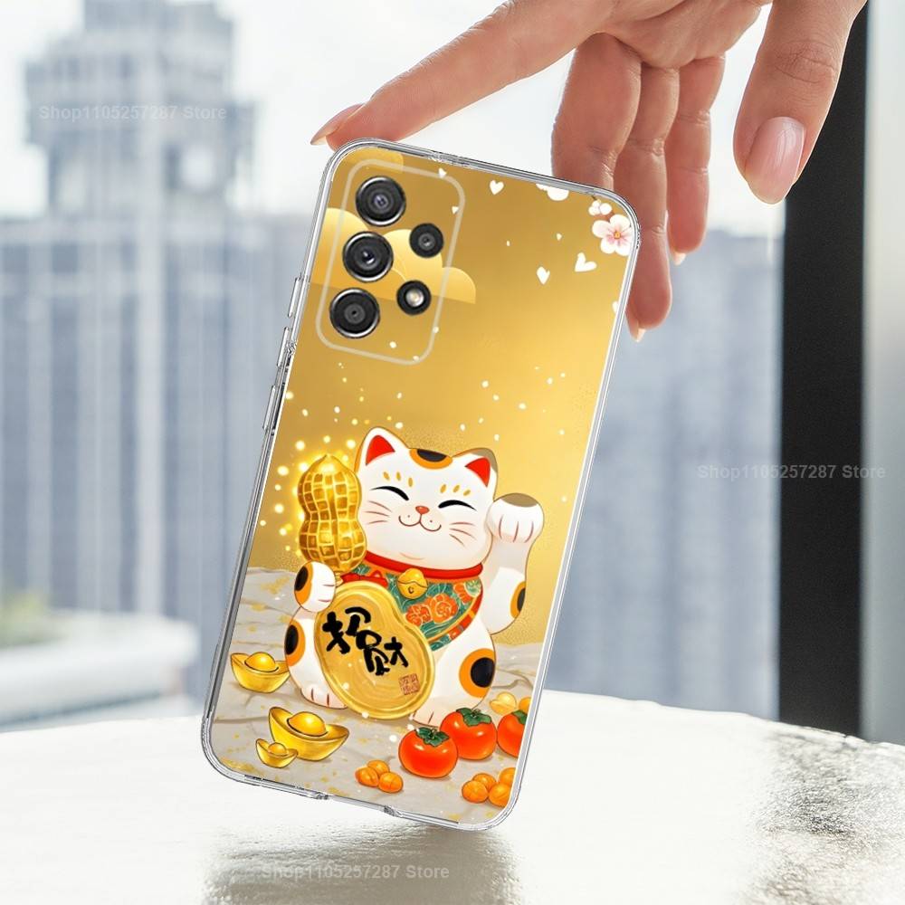Cartoon Lucky Cat Cute Art Phone Case For Samsung A51,71,30,S21,10,20,Ultra,FE,Lite, S22,23,9,PIus,Transparent, Silicone