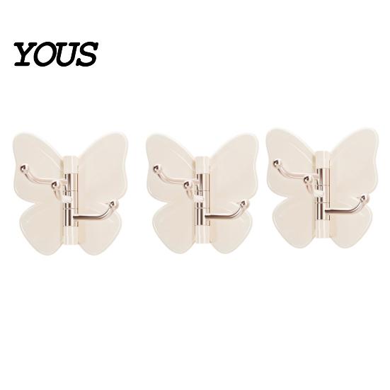 Hair Tie Holder Hook Rotating Butterfly Adhesive Wall Hooks, 3-Prong No-Drill Swivel Hangers, with Key Adjustable Angle Space-Saving Hook, for