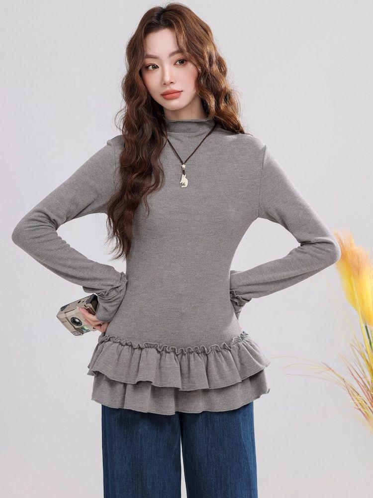 270g Velvet Women's Warm Half-High Collar Long Sleeve T-Shirt, New Autumn/Winter Korean Style Slimming Top