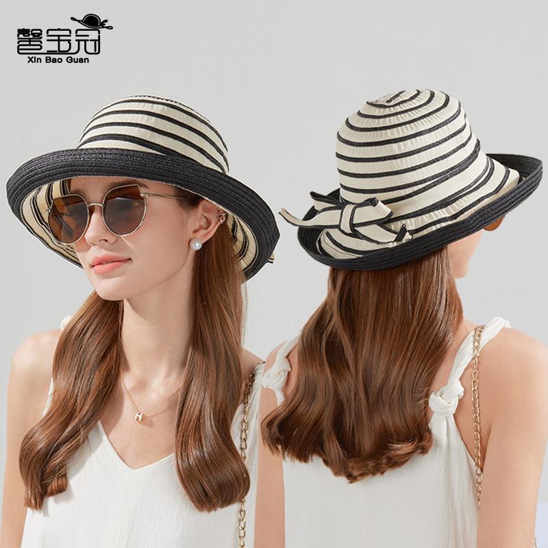 Summer Striped Sun Hat Women Outdoor Outing Beach Sun Hat Fashion Straw Bucket Hat