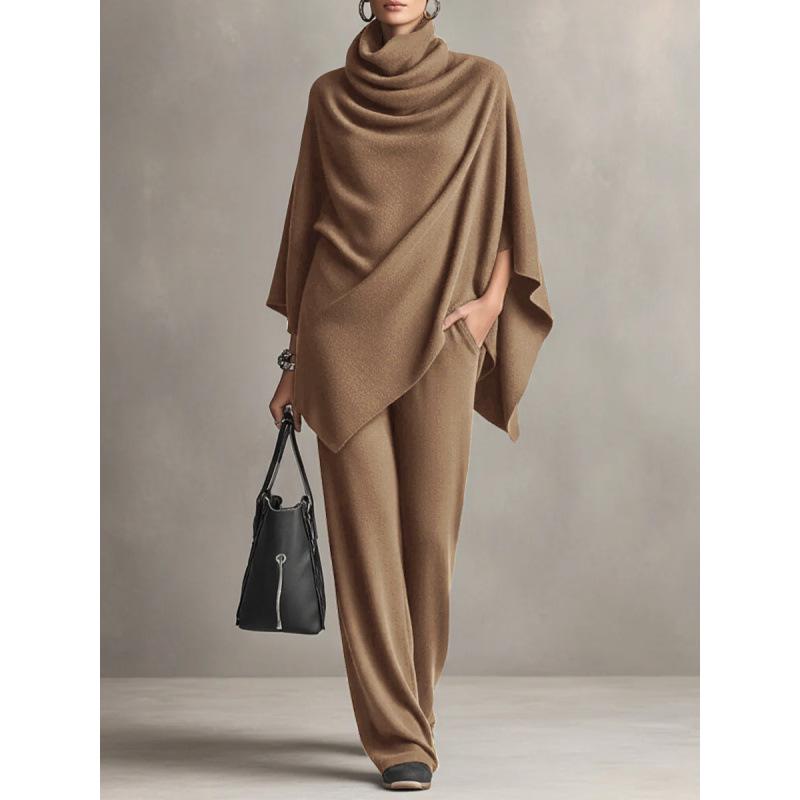 Women's Autumn/Winter Fleece Two-Piece Set: Stand Collar Cape & Wide-Leg Pants
