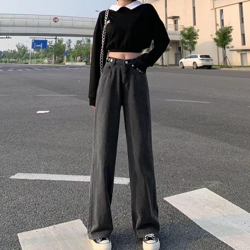 Women's Adjustable High Waist Straight Leg Loose Korean Style Slimming Petite Wide Leg Floor-Length Jeans