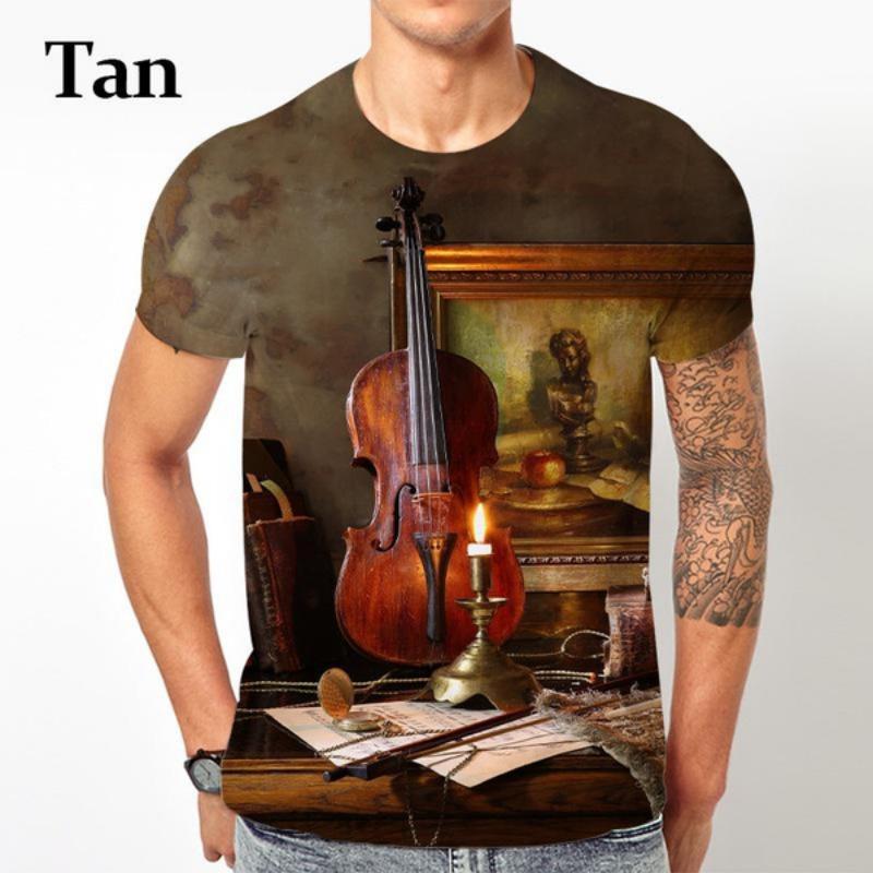 3D Retro Style Musik T-Shirt Geigen Print T-Shirt Unisex Lustiges Rundhals Kurzarm T-Shirt