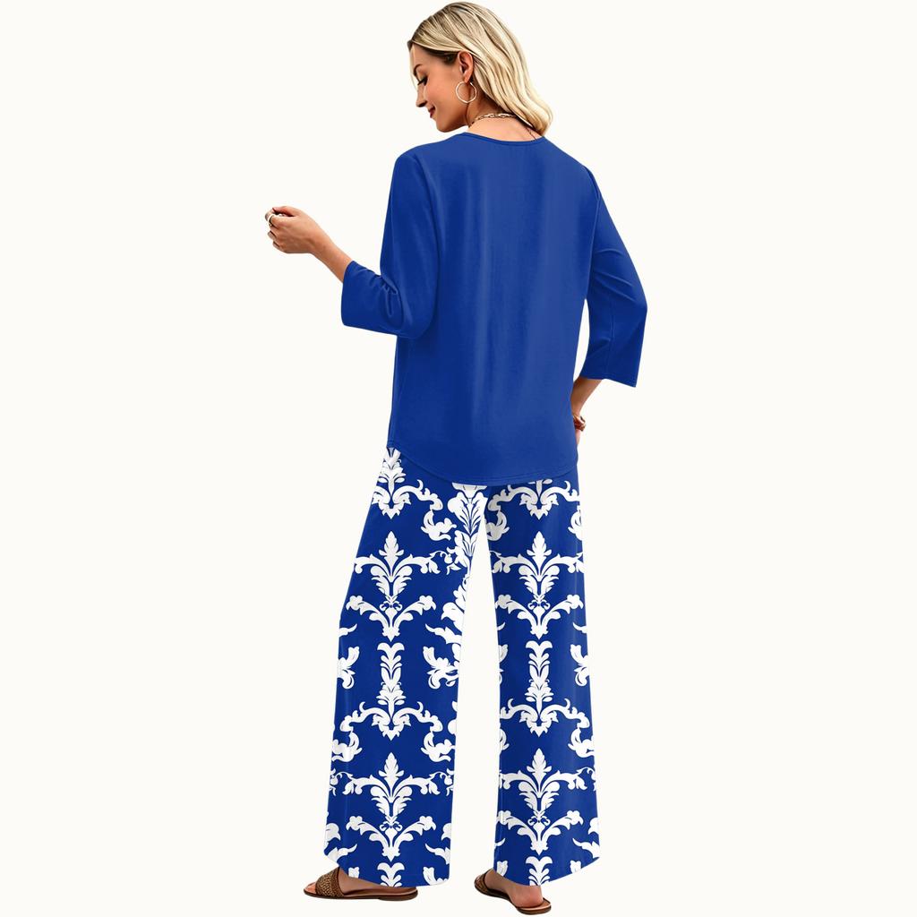 Women's Casual Loose Fit Two Piece Set Round Neck Three Quarter Sleeve Top and Wide Leg Printed Pants Lounge Outfit