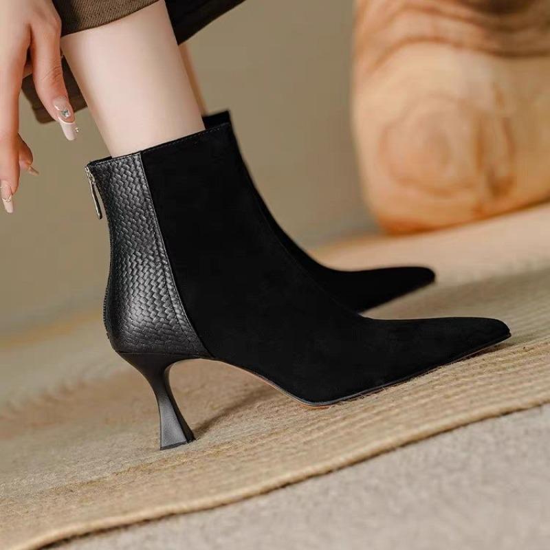 Fashion 2024 Spring and Autumn New Pointed Matte Leather Splicing Women's Rear Zipper Comfortable Bare Boots Single Boots for Women