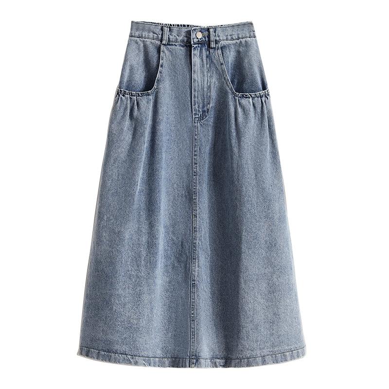 Damen Retro High Waist Knopfleiste Ausgestellte Lange Jeansröcke Plissiert Fließend Schwingend A-Linie Denim Maxiröcke Lässige Vintage Denim Midiröcke für Damen