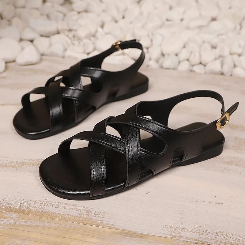 Fashion Black Pu Leather Flats Rome Sandals Women Summer Cross Straps Open Toe Beach Sandles Woman Lightweight Soft Sole Sandalias 36-43