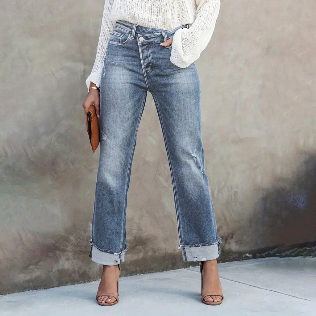 Ladies' Solid Color Casual Versatile Mid Waist Straight Leg Denim Straight Leg Jeans With Fringed Edges