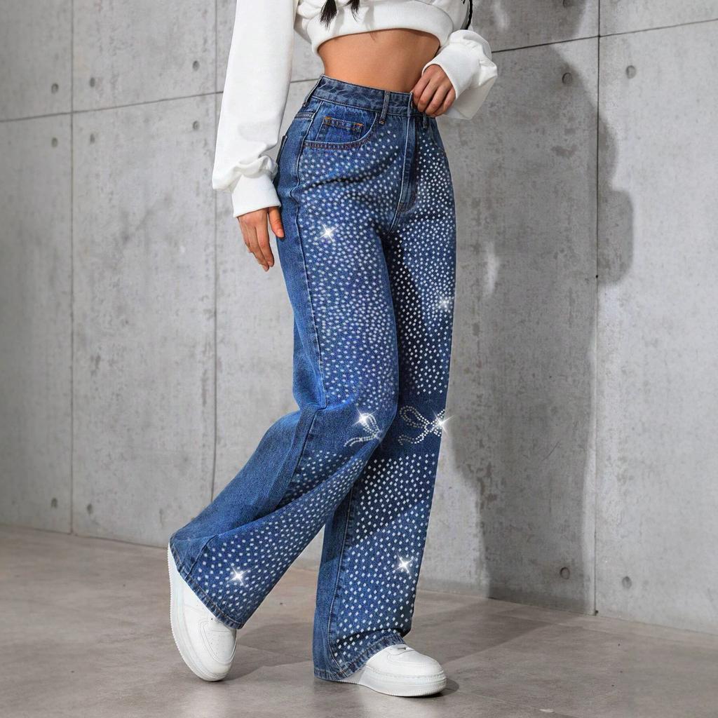 Women Rhinestone Bow Decor High Waist Wide Leg Jeans Polka Dot Print Casual Loose Fit Denim Pants