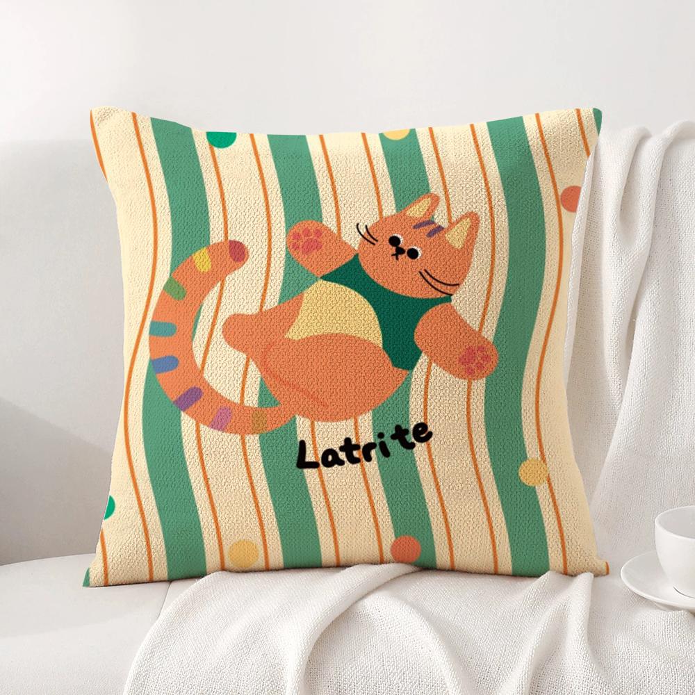 Kawaii Cute Cat Cushion Cover Natural Linen Organic Fabric DoubleSided Printing Sofa Home Decor Breathable Bed Pillow