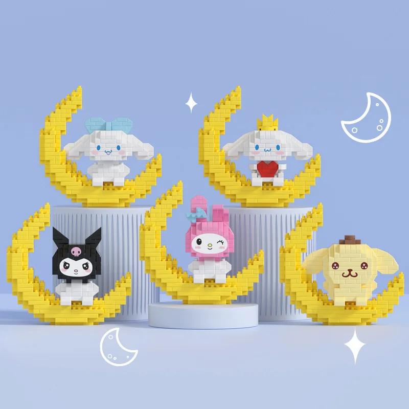 Moon Building Blocks Glow Cinnamoroll Mymelody Kuromi Pompom Purin Assembly Model Kawaii Children's Toy Birthday Gift